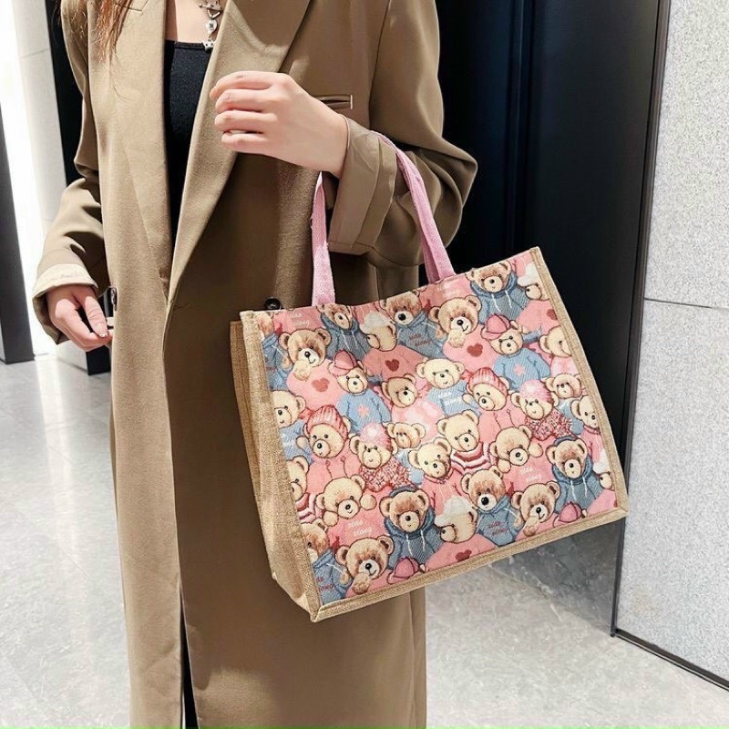 Túi Cối Vintage Bằng Vải Mẫu Gấu Lớn/Nhỏ Đeo Vai, Cầm Tay Đi Học, Đi Làm Tiện Lợi