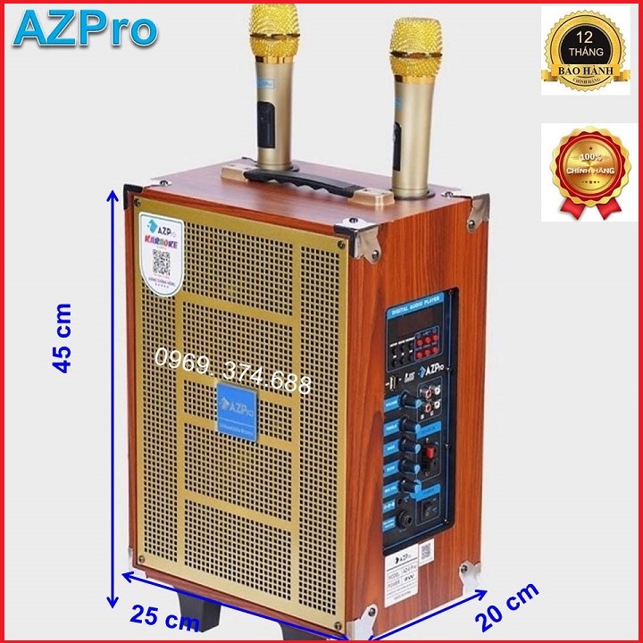 Loa kéo Bluetooth chính hãng AZPRO,AZ-8-Pro, Bass 20 thùng gỗ cao cấp, mẫu  mới có chống hú,Tặng  2 mic không dây hút âm