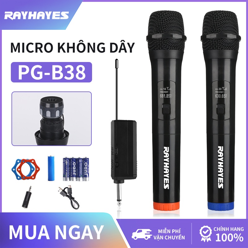 RAYHAYES PG-B38 Micro Không Dây Chính Hãng Đôi Micro Cầm Tay Có Đầu Thu Micro Chuyên Nghiệp Karaoke Kèm Pin