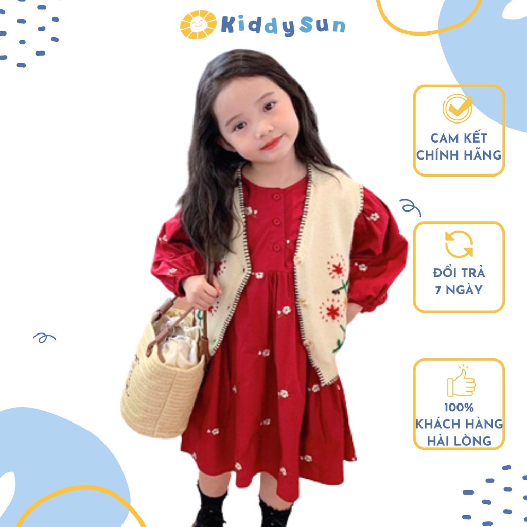 Váy bé gái KIDDY SUN dài tay đỏ hoa công chúa xinh đẹp cho trẻ em gái từ 2,3,4,5,6,7,8,9,12 tuổi [V324]