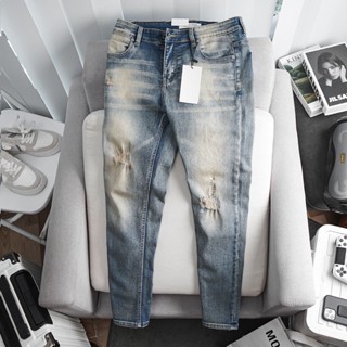 Quần jean nam cao cấp ống ôm xanh rách quần bò nam ống côn vải jean cao cấp co giản