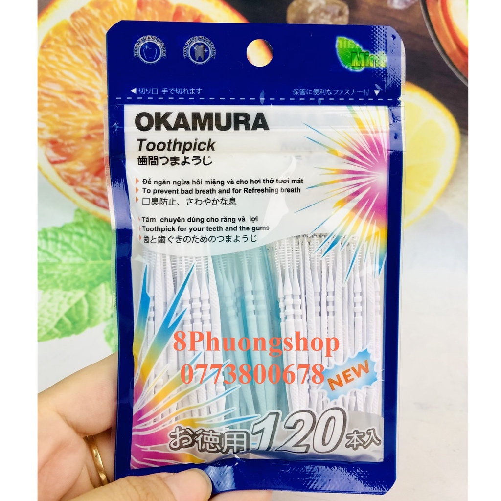 TĂM NHỰA Nhật Bản nha khoa 120 cây /gói OKAMURA làm sạch răng miệng