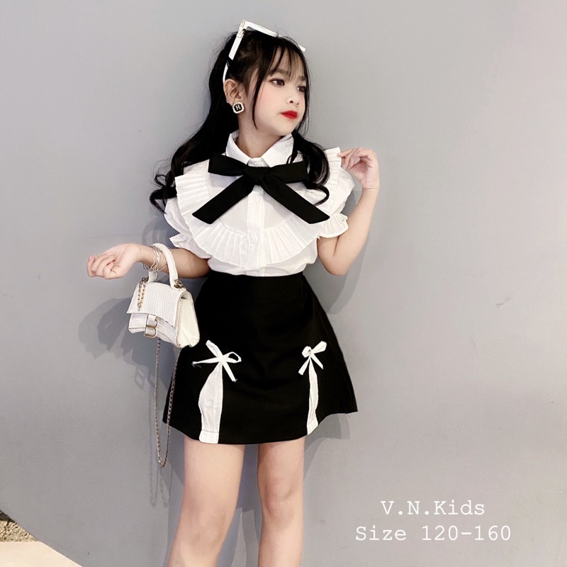 Set sơmi bèo + quần váy dáng A cho bé đi học size đại 17kg-40kg
