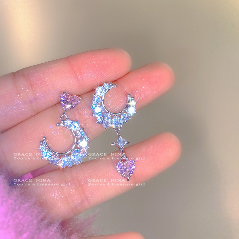 Đôi Khuyên Tai Hình Mặt Trăng / Trái Tim Đính Đá Zircon Thời Trang Cho Nữ