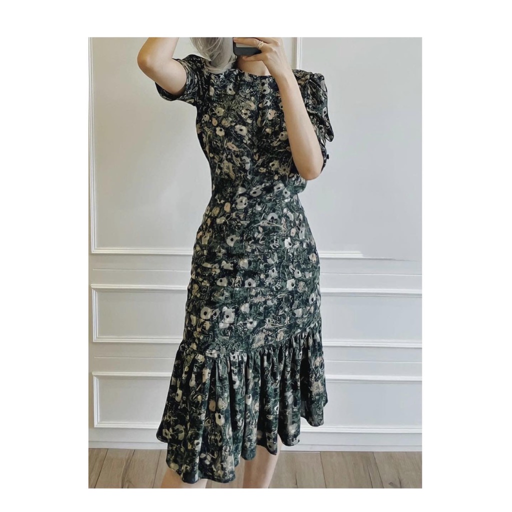 Đầm voan hoa nhún eo 1 màu xanh lá đậm V2781 Aholic