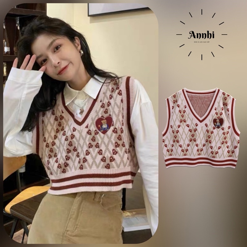 Áo gile cổ tim thuê hình gấu, Gile len nữ hoạ tiết kẻ dáng croptop