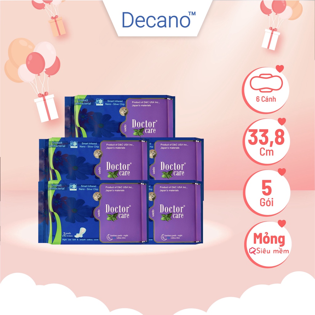 Combo Băng vệ sinh thảo dược Doctor Care ban đêm gói 3 miếng 33.8cm 2 lớp chống tràn Decano Store