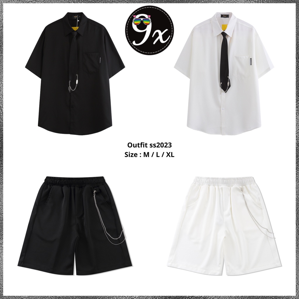 Sét bộ Sơmi ngắn tay và quần short phối dây xích hàng cao cấp