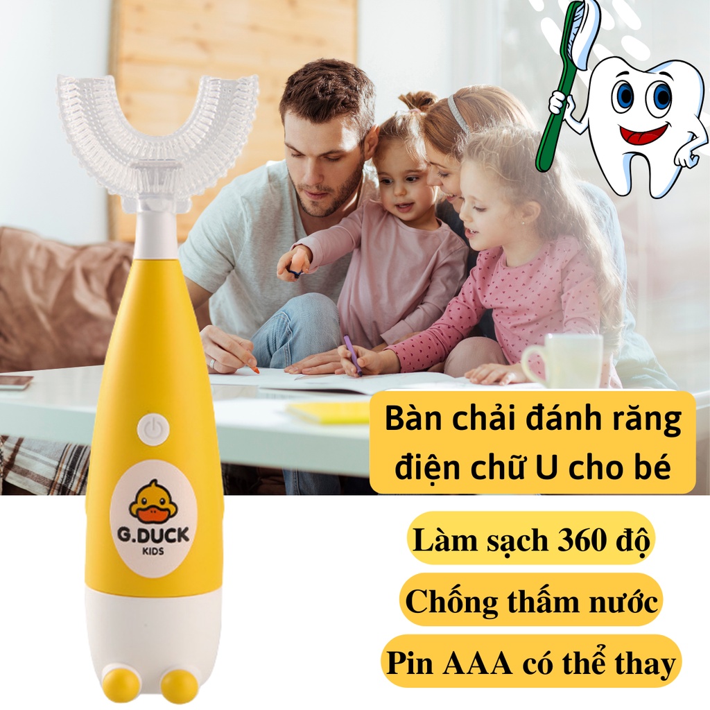 Bàn chải đánh răng điện chữ U trẻ em (2-12 tuổi) CTFAST A6, họa tiết vịt vàng dễ thương giúp bé vệ sinh răng miệng