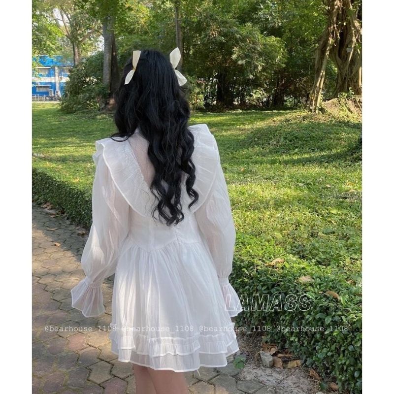 Váy công chúa trắng viền ngực bèo dài tay ống loe dáng xòe, Đầm tiểu thư voan tơ 2 lớp cổ tàu phối viền cực xinh - LAMAS