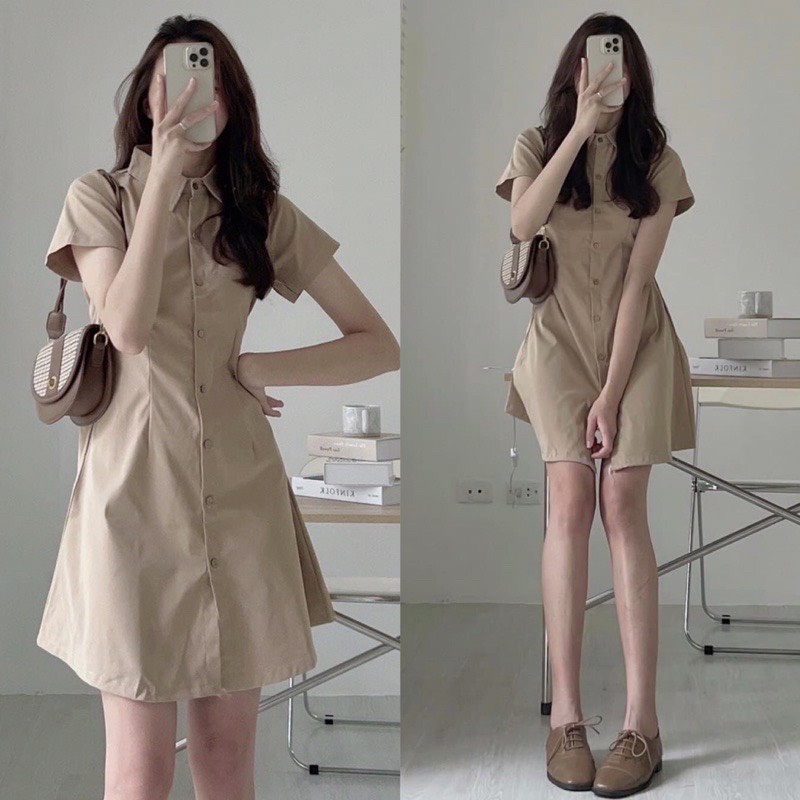 Đầm Váy Sơ Mi Basic Chun Eo Lưng BOOM.Store Nữ Cộc Tay Nhiều Màu