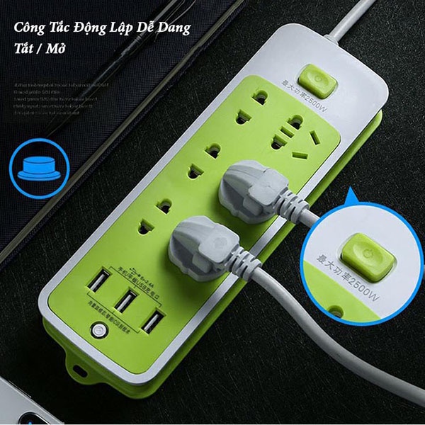 Ổ Điện Xanh Lá Dài 1,5m Thiết Kế 6 Ổ Cắm 2 Chấu Và 3 Chấu, Tích Hợp 3 Cổng Usb Thông Minh, có Công Tắc On/Off Riêng Biệt
