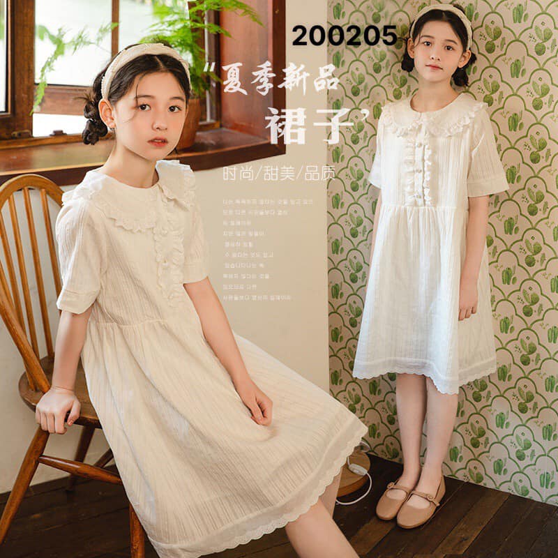 Váy đầm thô trắng bé gái size 120-165 cm cổ sen có tay chất thô mềm mịn dành cho bé từ 23-45 kg mặc vừa