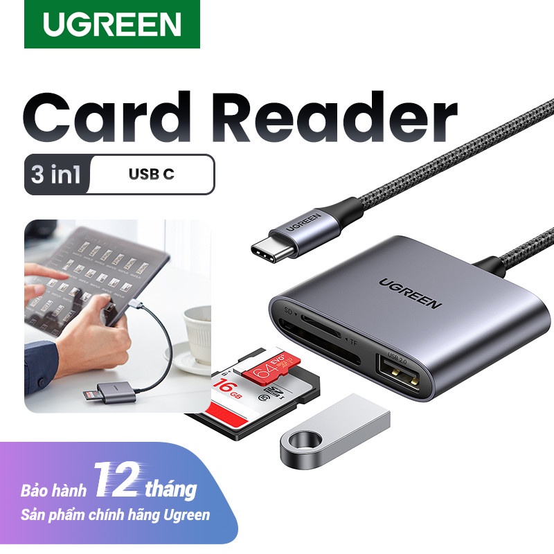 Đầu đọc thẻ SD/TF kèm OTG USB 3.1 Type-C Ugreen 80798 CM387 vỏ nhôm cao cấp
