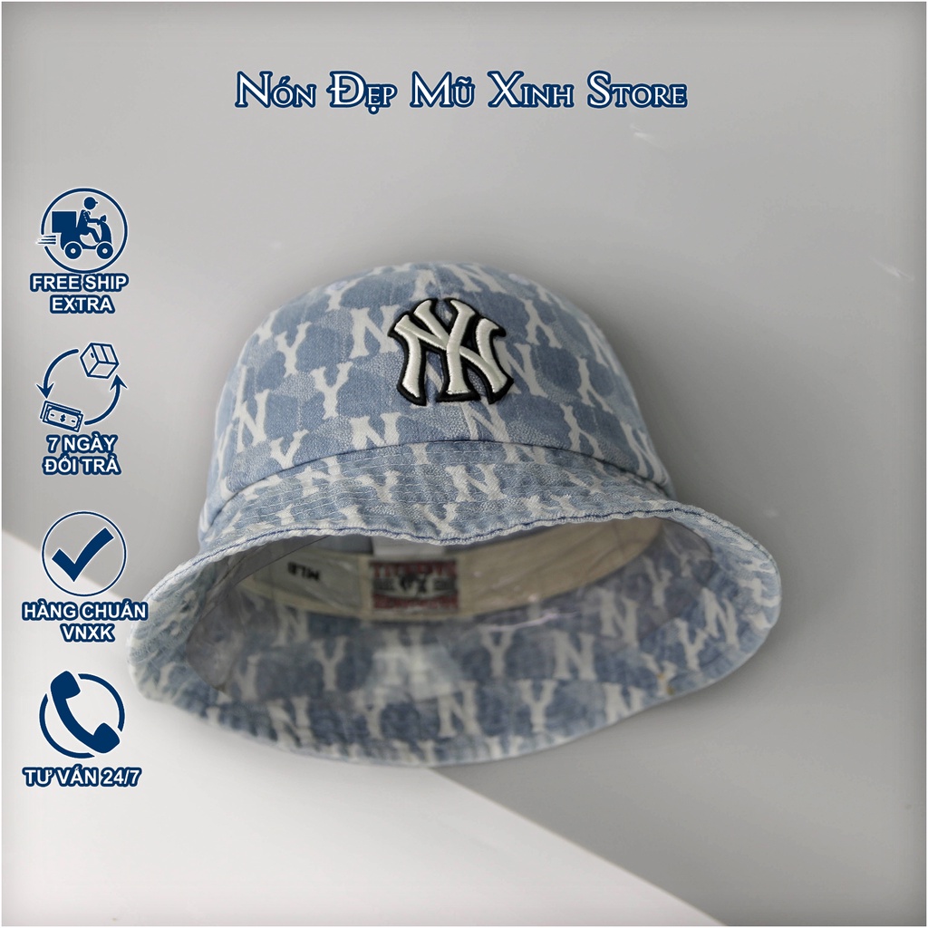 NÓN LƯỠI TRAI & Bucket MLB JEAN WAX KOREA , chất vải jean xanh phối monogram trắng, thời trang chính hãng cao cấp