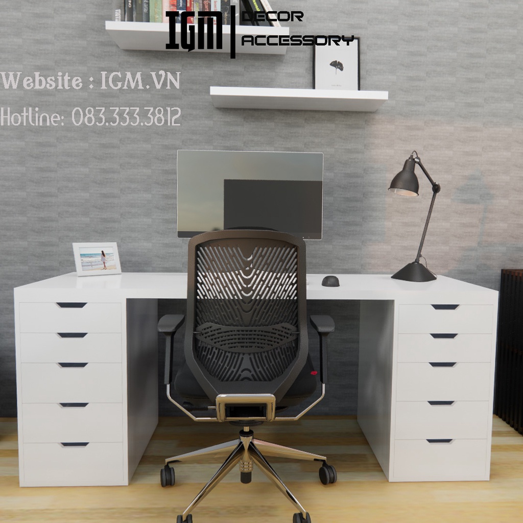 Bàn IKEA Gaming Bàn Làm Việc Đa Năng Bằng Gỗ MDF Phủ Melamine Chống Ẩm Hiệu Quả Phong Cách Hiện Đại 2 Hộc Tủ Trắng