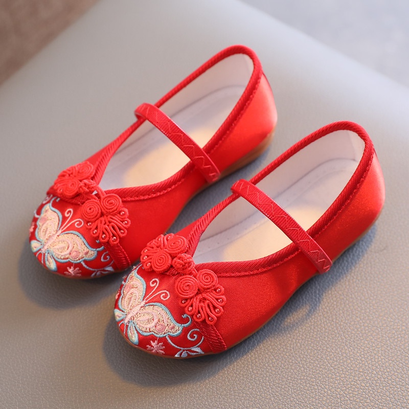 Giày Múa Đế Bằng Thêu Hình Bướm Phong Cách Trung Hoa Cho Bé Gái