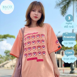 Áo thun nữ form rộng tay lỡ in GẤU DÂU StrawberryBear siêu dễ thương black&pink - Hồng
