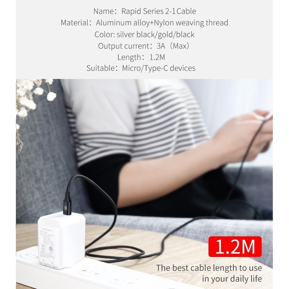 Dây Cable Rapid TyC 2-1 ra Micro+TyC 1.2M/3A CAMT-SUV1 Baseus