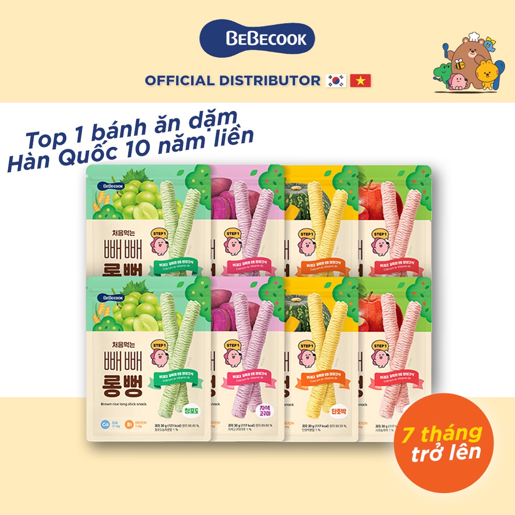 Bánh gạo lứt ăn dặm cho bé BeBecook thanh dài vừa vặn tay trẻ khi cầm gói 30gr