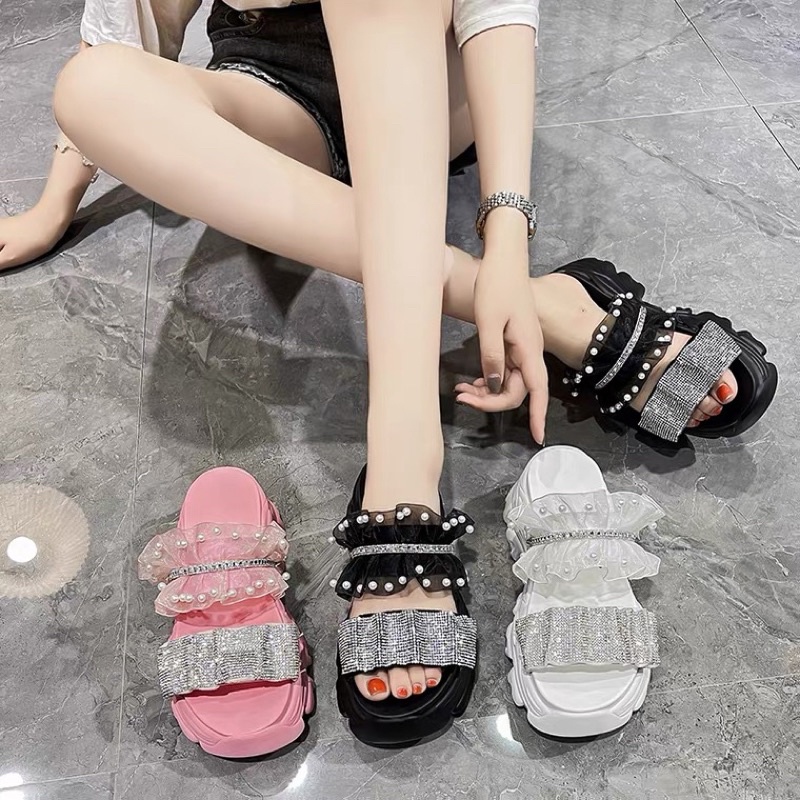 Dép đế bánh mì cao 7cm quai ren