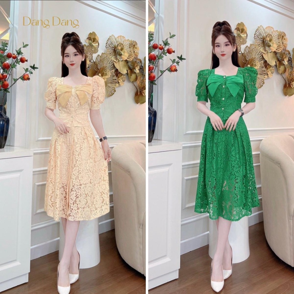 Bộ đồ ren DANG DANG áo cộc tay nơ + chân váy xếp ly cao cấp