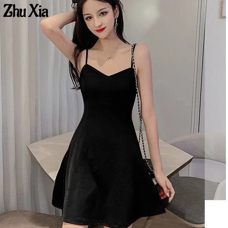 Đầm dài ZHUXIA dáng chữ A hai dây màu đen thời trang cho nữ