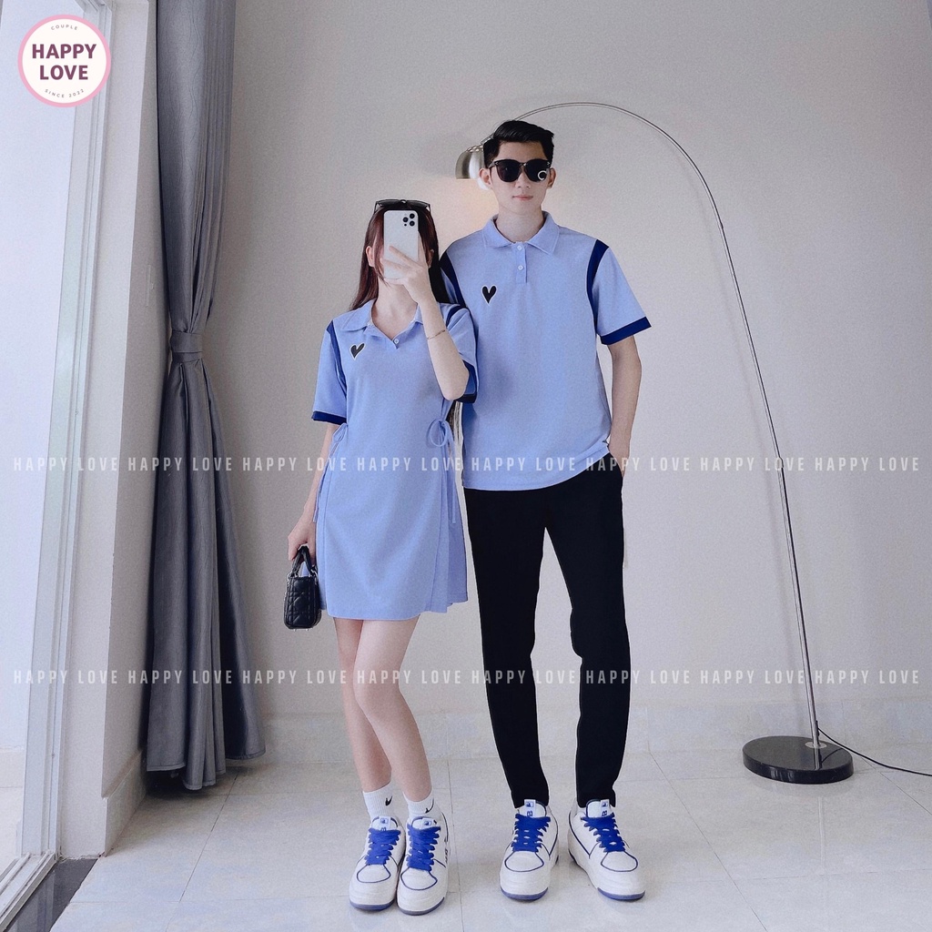 Đồ đôi nam nữ HAPPYLOVE set đầm nữ áo nam polo thêu hình trái tim màu xanh dương H24