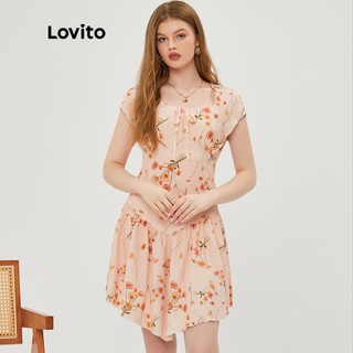 113XJ Lovito Đầm Midi Ren Hoa Cổ Điển L20E063