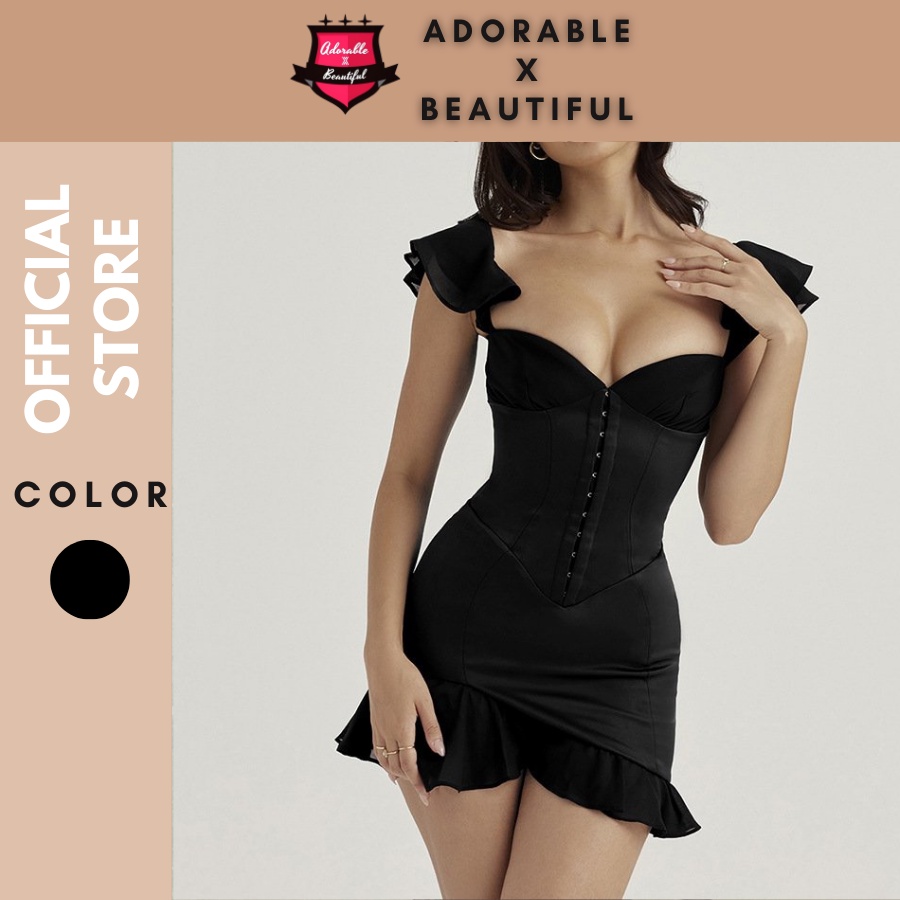 Đầm Corset Đen Cột Dây Cúp Ngực Phối Ren Sang Trọng, Váy Body Xòe Trễ Vai Sexy Cao Cấp [AdorablexBeautiful]