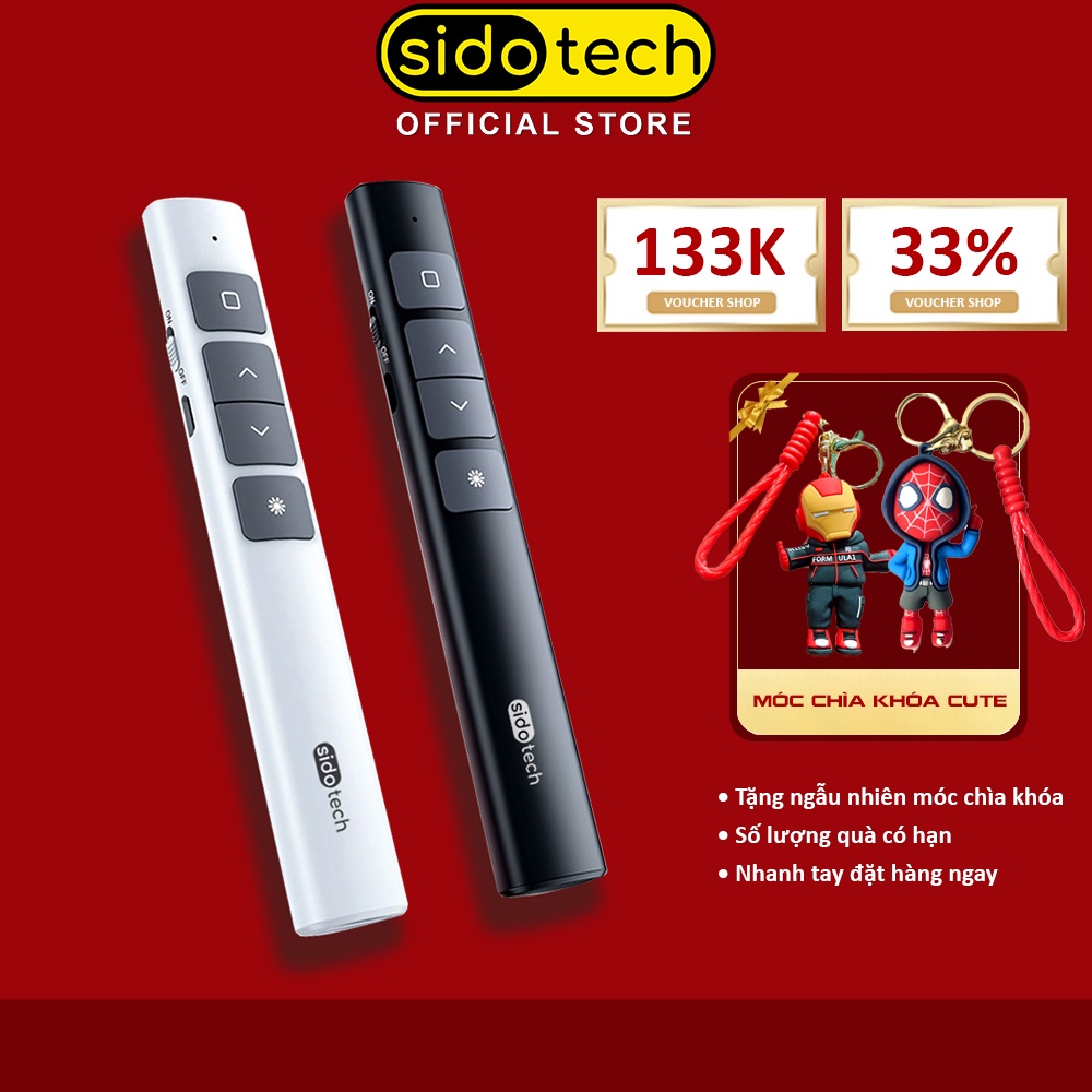 Bút trình chiếu slide powerpoint SIDOTECH laser thuyết trình không dây pin sạc điều khiển từ xa 2 màn hình xa 100m