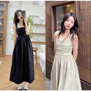 [ Ảnh thật ] Váy 2 dây thô dáng dài xếp li ngang chun lưng phong cách Hàn Quốc