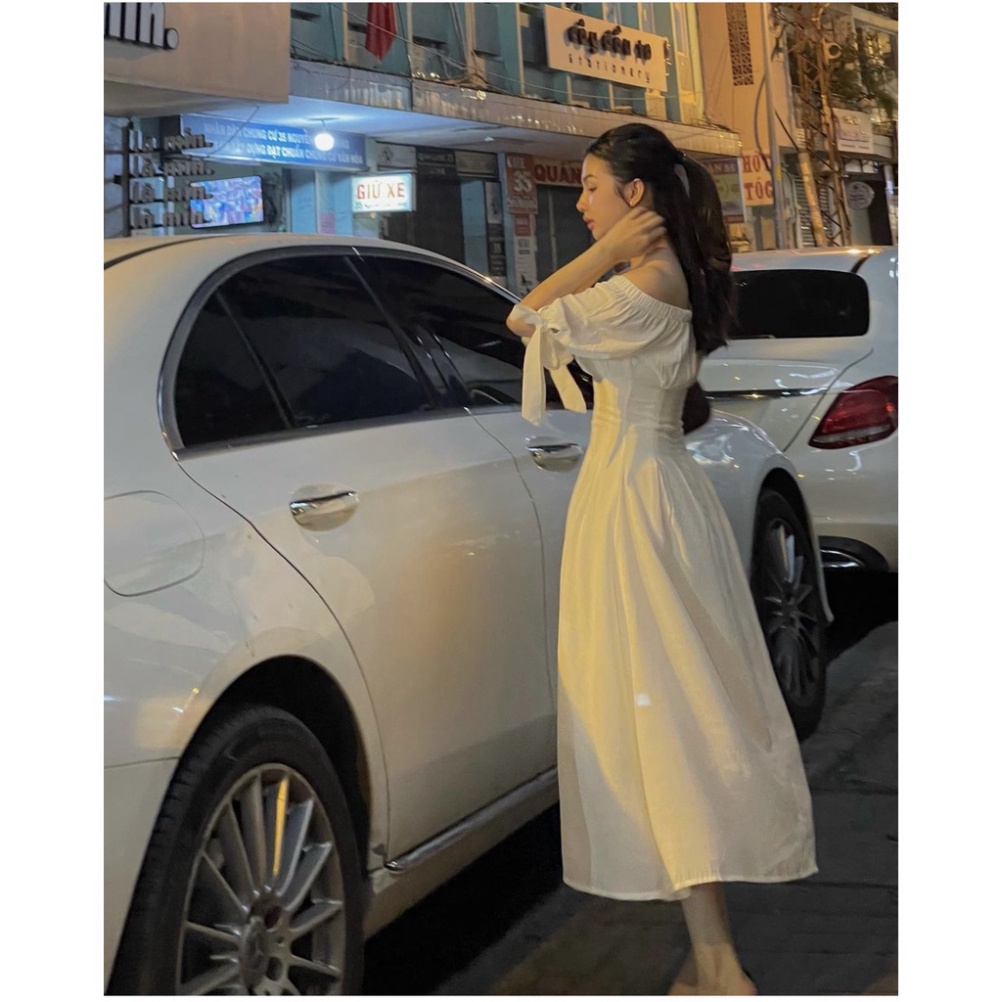 (Fom: <55kg)Đầm Midi Trễ Vai Tay Nơ Đẹp, Quá Sang Luôn, Mặc Đi Chơi Hay Tiệc Đều Form Đầm Sang Tôn Nhẹ Lên Dáng Như Tiểu | BigBuy360 - bigbuy360.vn