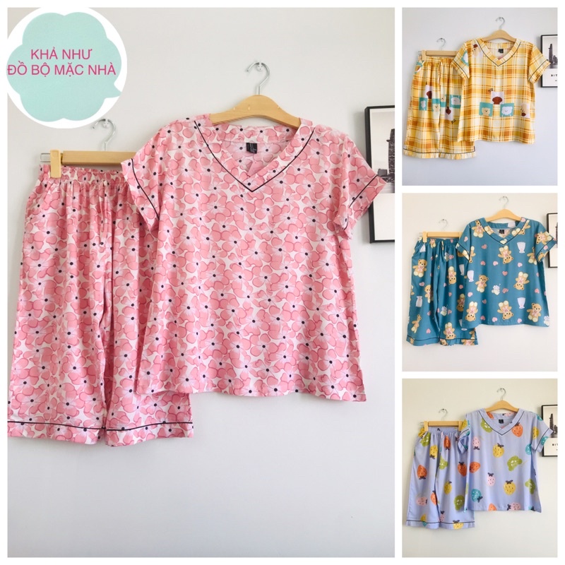 Bộ tole nữ mặc nhà, bộ lanh nữ pyjama quần lửng áo tim phối viền màu 50-70 ký, Khả Như chuyên sỉ đồ bộ tole