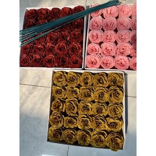 Combo 25 đầu bông hoa hồng nhũ kèm que cắm