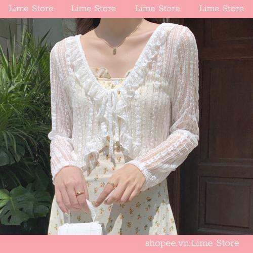 Áo cadigan ren mỏng viền hoa điệu đà dáng ngắn freesize - Mã ACD11