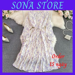 Váy đầm hoa nhí dáng dài xếp ly tiểu thư thắt eo hàng thiết kế cao cấp sang chảnh bánh bèo SONA STORE order 15-25ngày