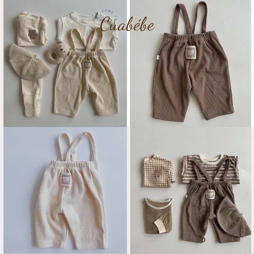 Quần yếm dài nhung tăm bé trai bé gái phong cách Hàn Quốc, yếm quần dài ống rộng co giãn cho bé Cuabebe Baby