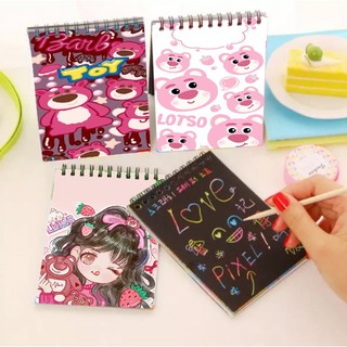 Sổ cào vẽ gấu dâu lotso hoa cúc GD giấy đen SC9 14cm *10 cm sổ cào cute dễ thương