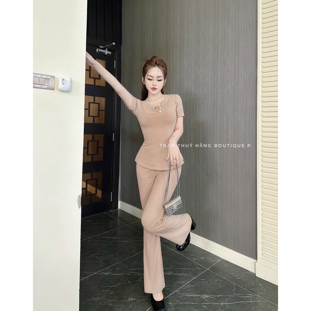 Set bộ nữ thun xốp áo cổ trong tay ngắn đính nút kèm quần dài siêu hack dáng