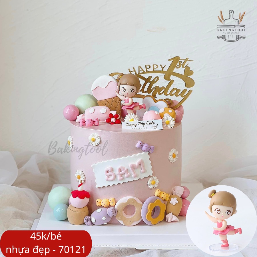 SP070121 - trang trí bánh mô hình Bé Gái TÓC NÂU, VÁY HỒNG MÚA BALLE nhựa đặc