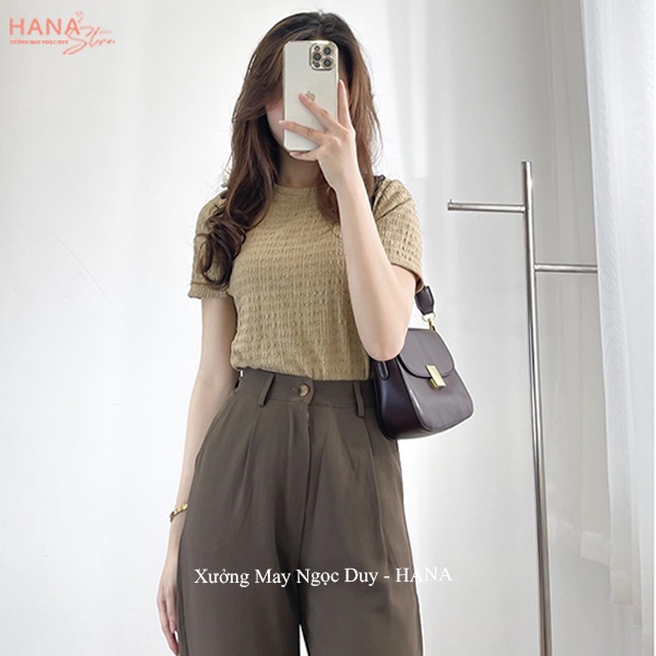 Áo xốp nhăn cổ tròn dáng vừa ôm ngắn tay kiểu áo thun xốp cổ tròn cộc tay vải nhăn nổi đi học chơi công sở dạo phố xinh