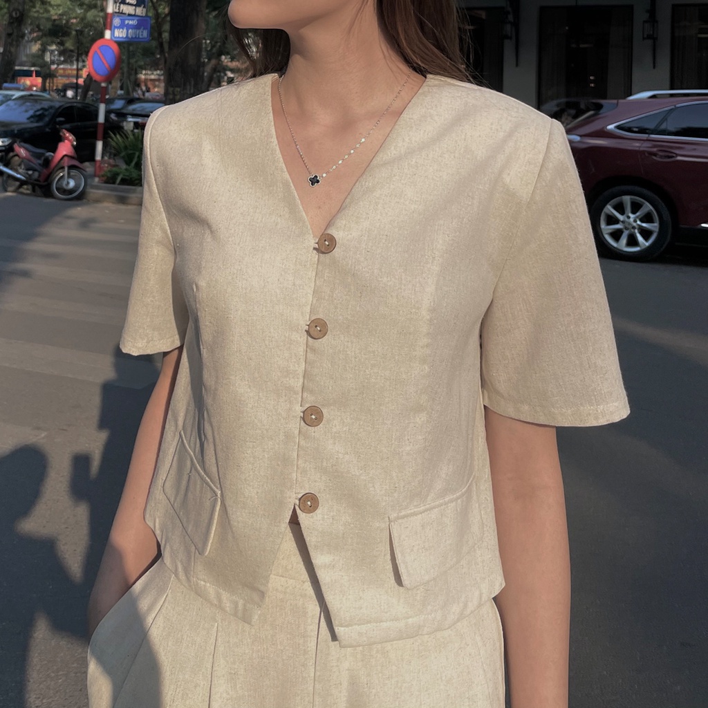 CAROLYN - Set sơ mi linen muối tiêu Lea