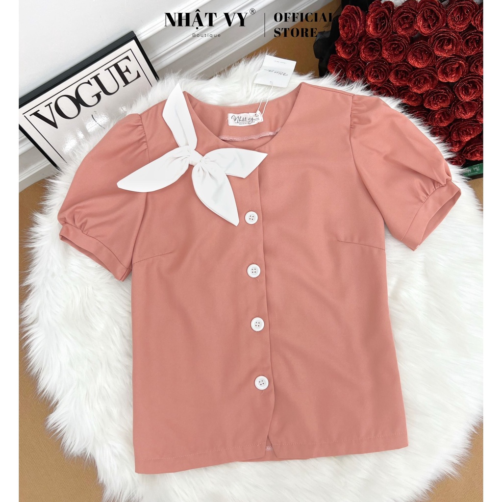 Áo công sở nữ Nhật Vy tay ngắn phồng cổ tròn cài nút phối nơ chất cotton phù hợp đi chơi - D2512