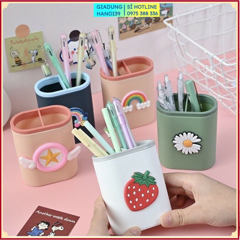 (CAO CẤP) Ống Cắm Bút 2 Ngăn Đính Hình Dễ Thương Hũ Giỏ Đựng Bút Văn Phòng Để Bàn - #ỐNG CẮM BÚT
