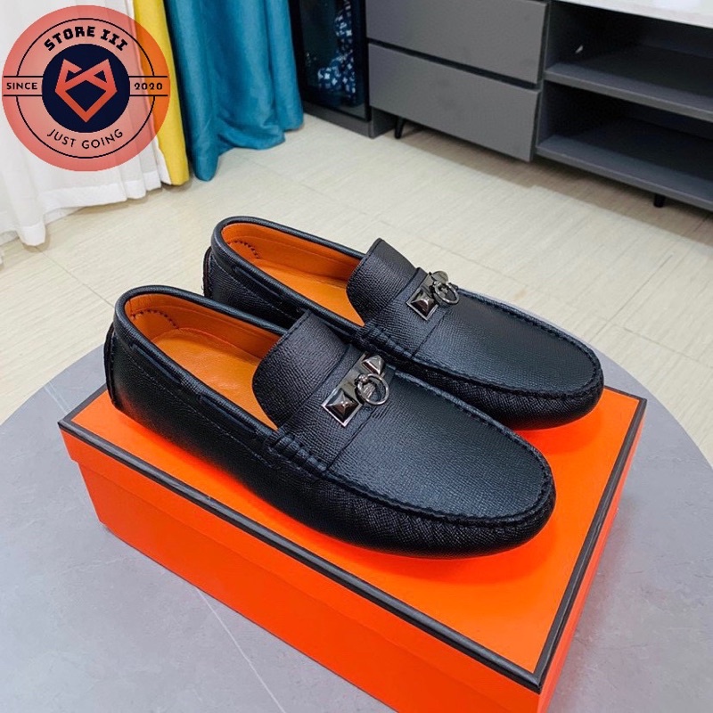 Giày lười nam da bò , giày mocca nam H.M cao cấp màu đen, lót màu cam– STORE III