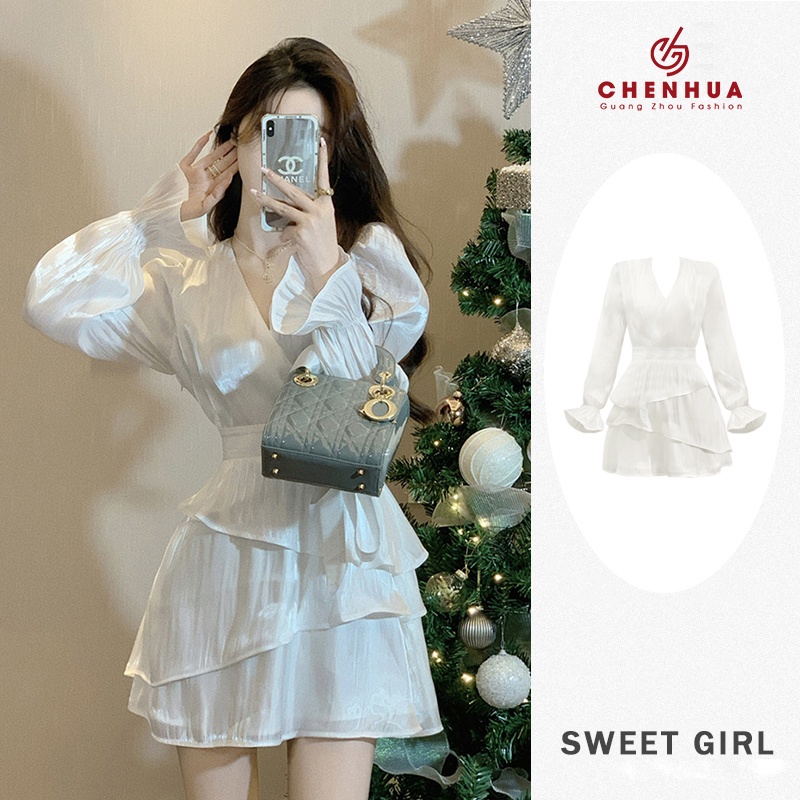Váy tơ cổ V dài tay chất tơ óng đẹp 2 lớp hàng QCL1 ChenHua VN303