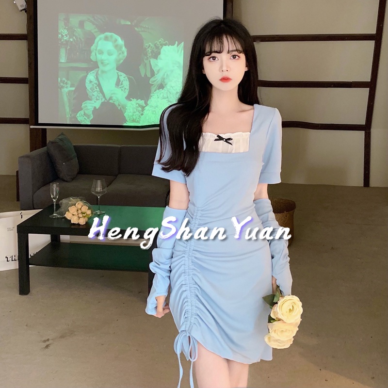 Đầm Ngắn Tay Ôm Dáng Phối Dây Rút Gợi Cảm Dành Cho Nữ