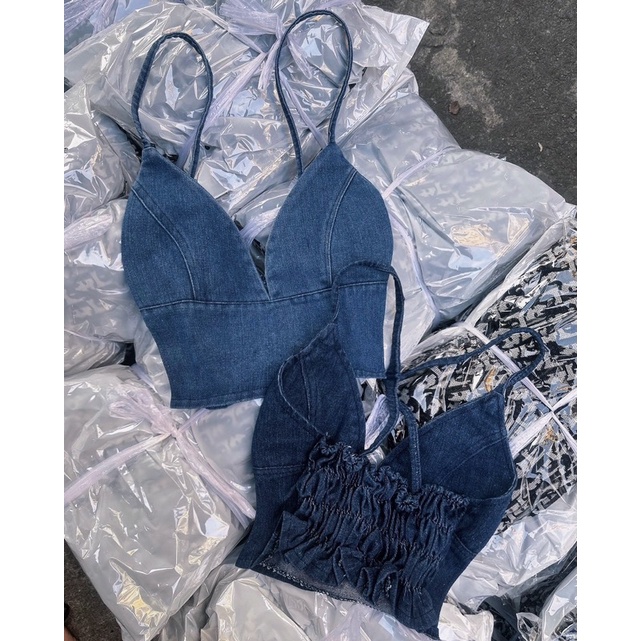 CR204 Áo croptop hai dây denim / jean cúp ngực lưng chun sexy gợi cảm I.LCLOTHING