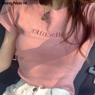XIANG NIAN NI Áo thun nữ  ngắn tay thêu chữ phong cách Hàn Quốc